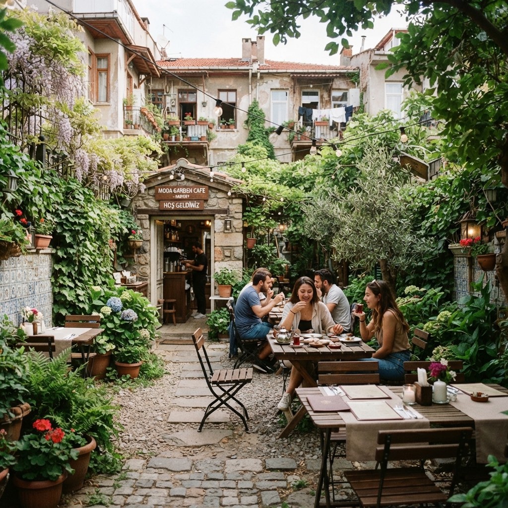 Ağaçların gölgesinde bahçe masaları