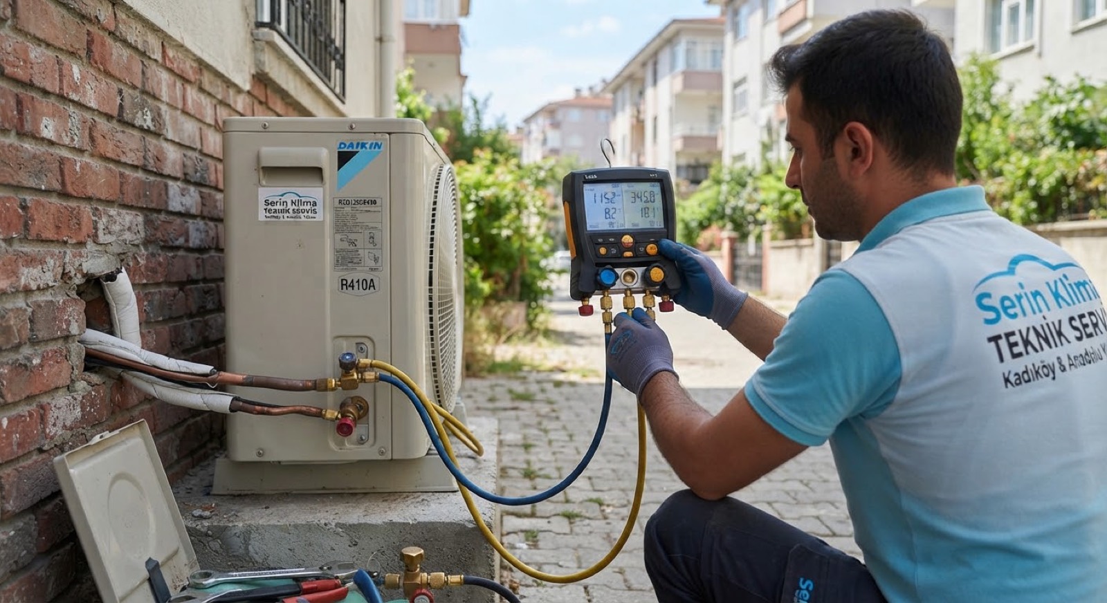 Manometre ile gaz basıncını ölçen teknisyen