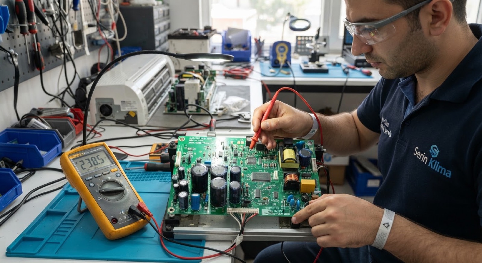 Klima elektronik kartını ölçen teknisyen